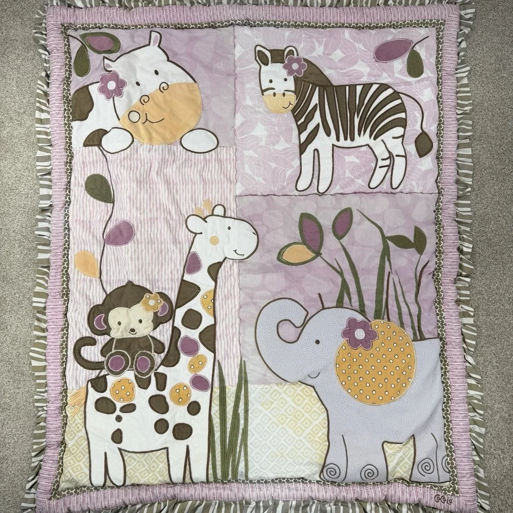 48x36 Purple Jungle Cocalo Crib Quilt Elephant Monkey Giraffe Zebra Blanket Flaw